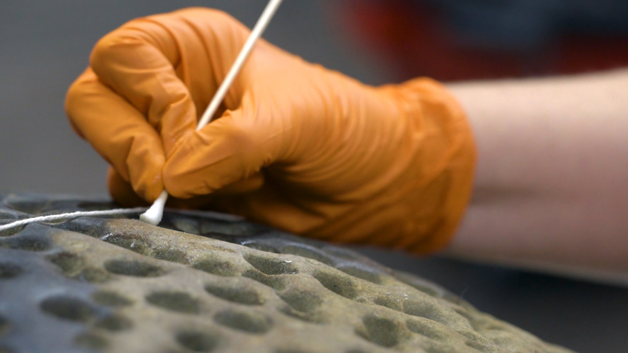 A close-up photo of a hand wearing an orange plastic glove, holding a long q-tip, wiping the cotton end of the Q-tip against a dark rock.