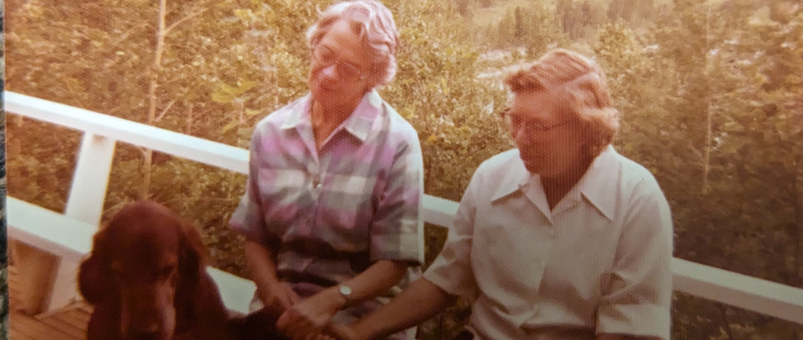 Jean Wallbridge and Mary Louise Imirie sit on the deck of their home in Edmonton