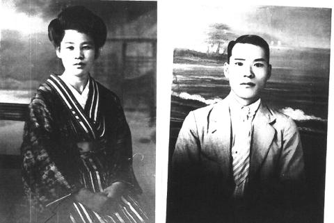 Black and white portrait photographs of a woman and man, Nobuichi Takayasu and his wife Shizuyo